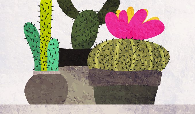 Painting of a cactus and a flower in a pot.
