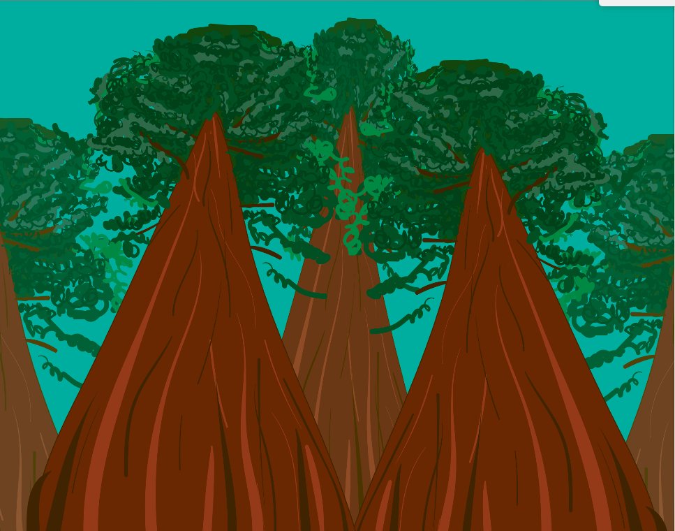 Drawing of a group of trees in a forest.