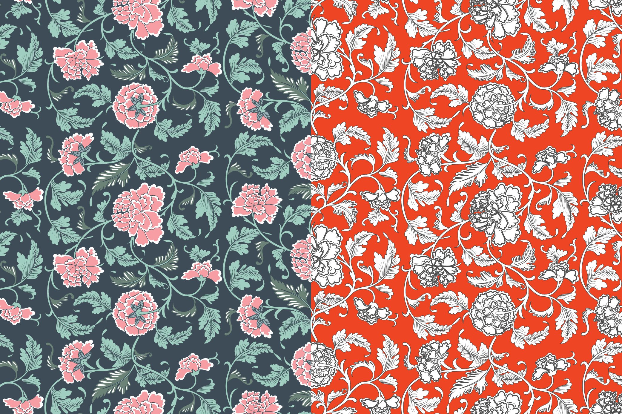 Two different patterns of flowers and leaves.