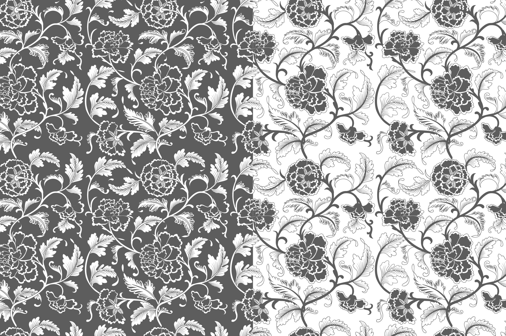 A black and white floral wallpaper pattern.