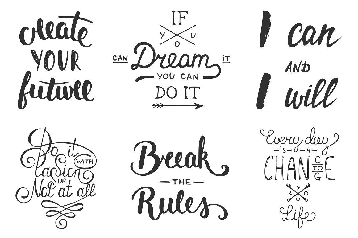 Set of six hand lettering phrases.