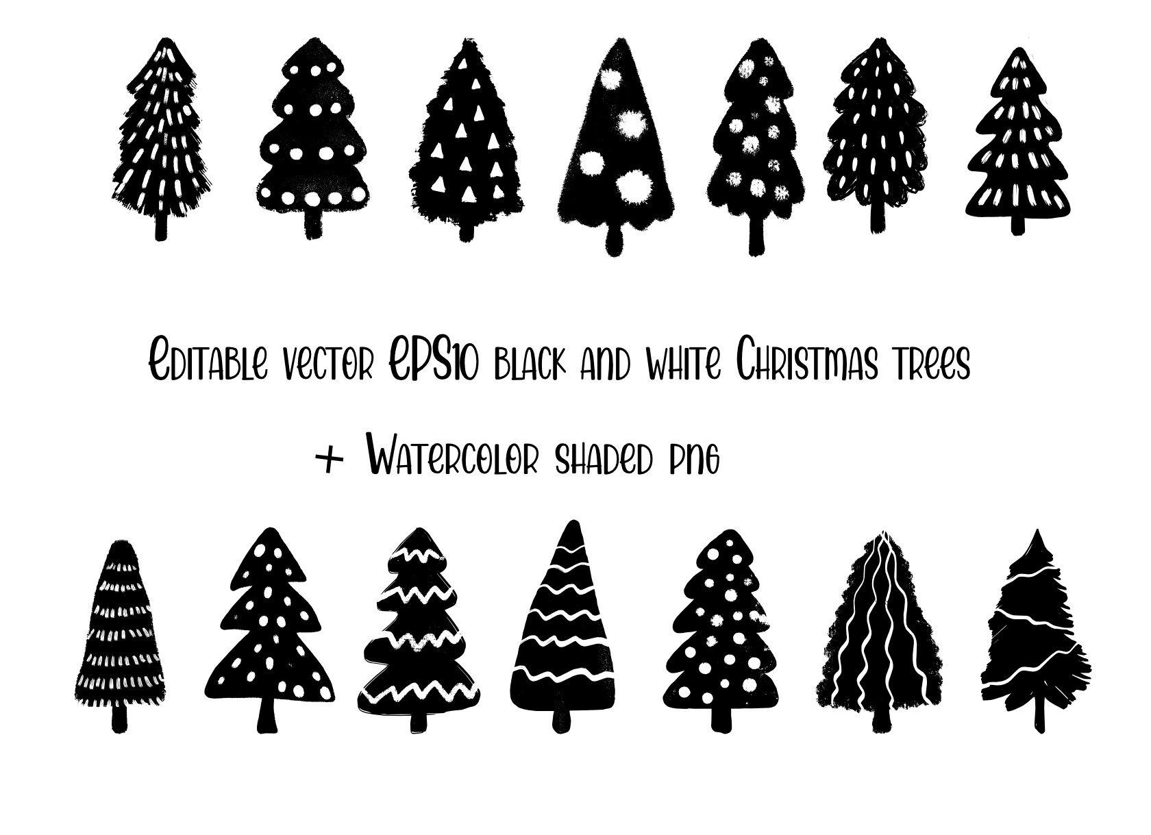 Set of black and white christmas trees.