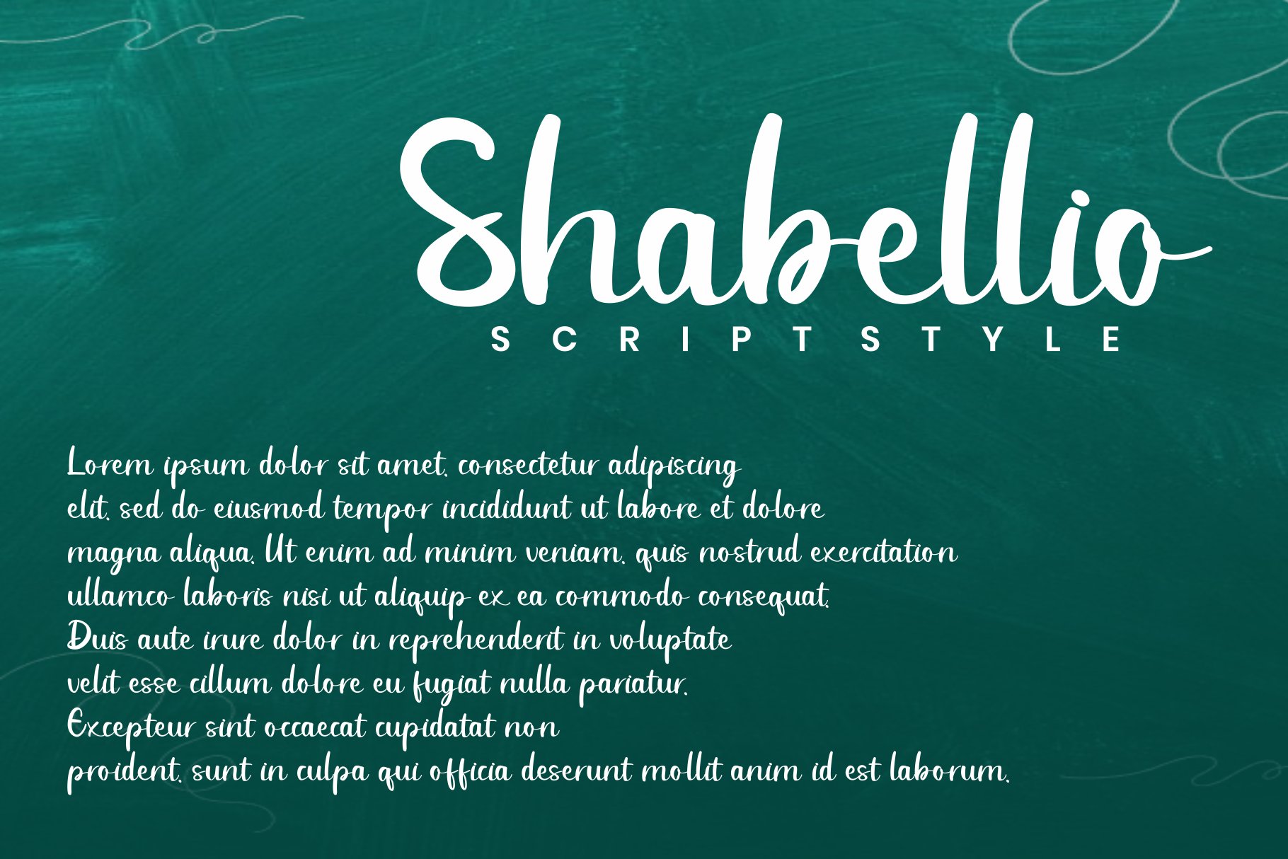 A green chalkboard with the words shabella script style.
