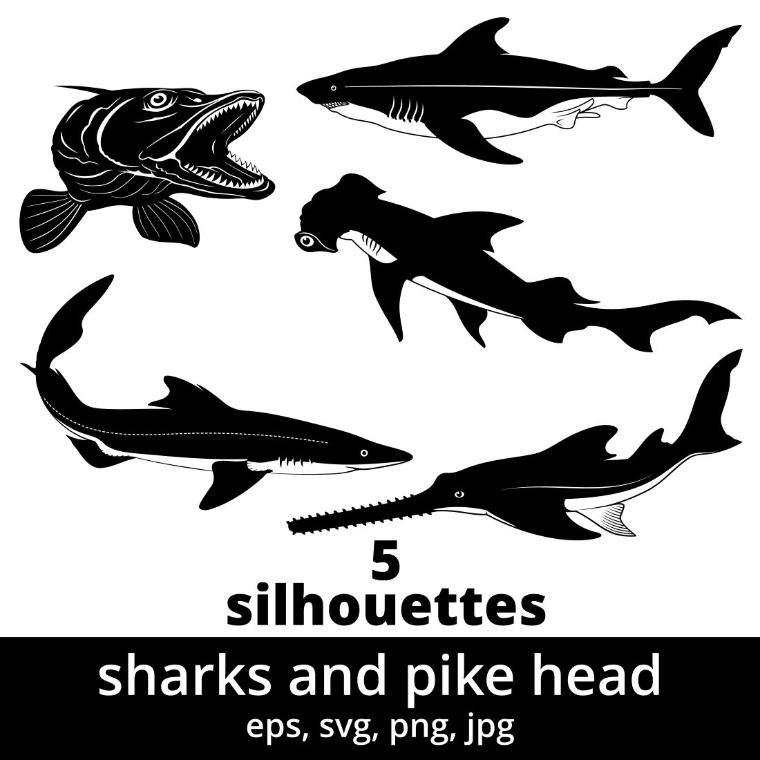 Five sharks and pike head fish silhouettes.