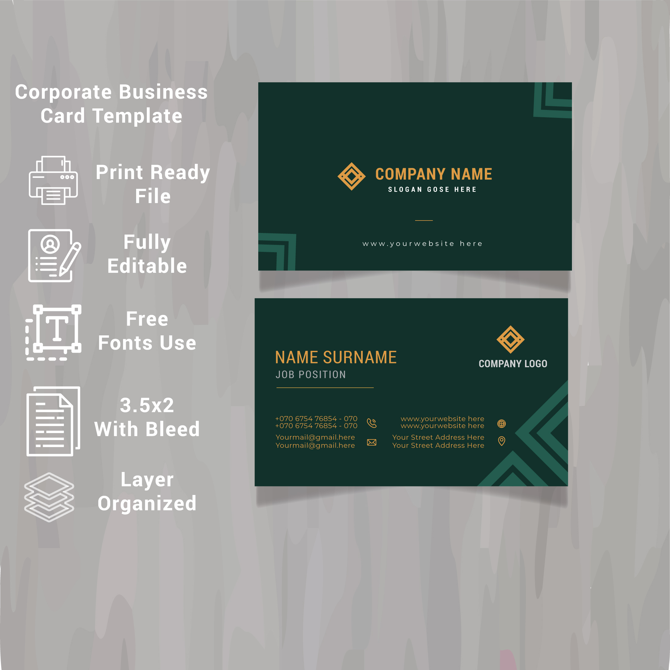 A business card with a green and gold design.