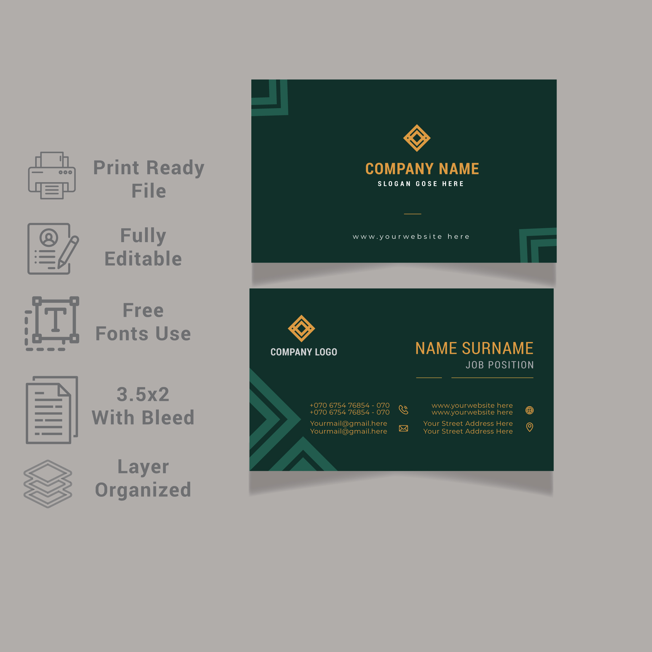 A green business card with a gold logo.