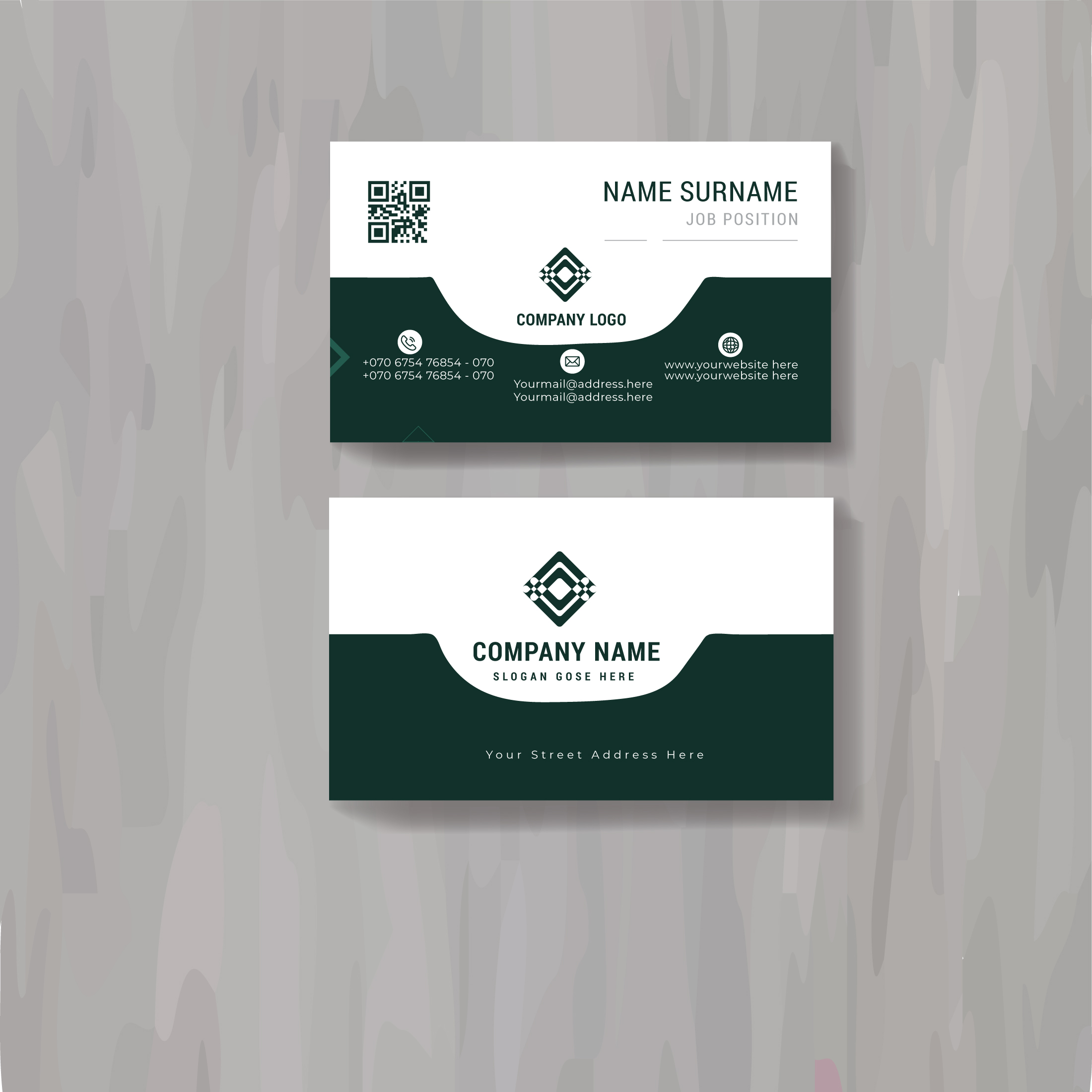 A business card with a green and white design.
