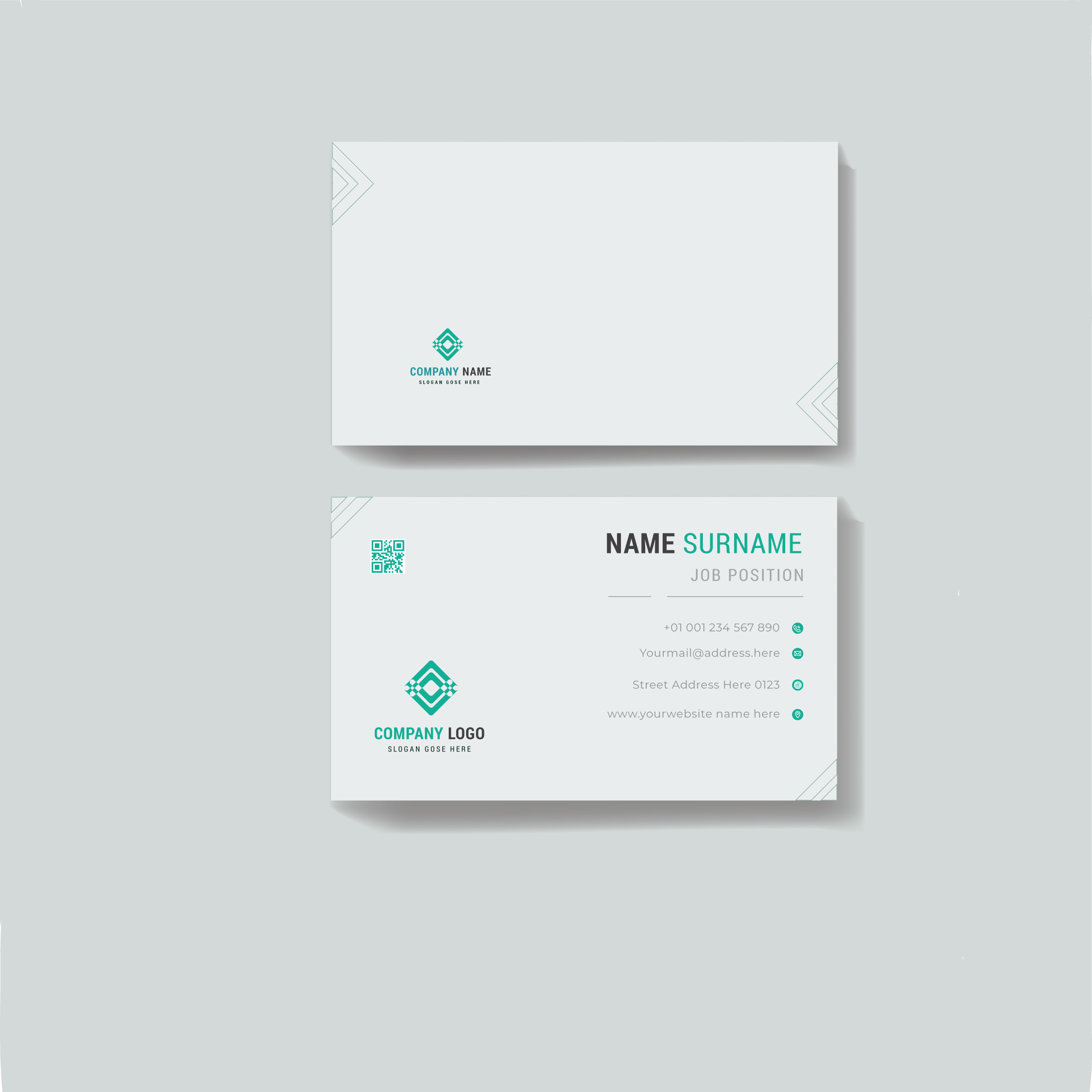 A white business card with a green logo.