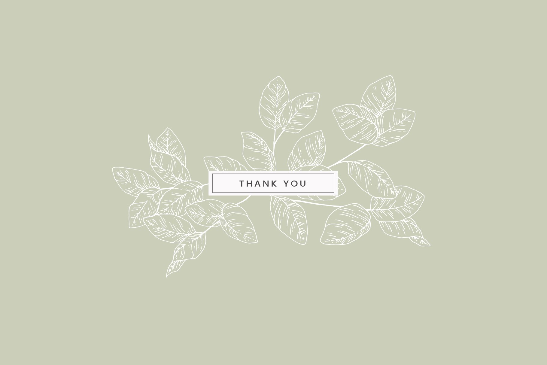 Thank card with leaves on a light green background.