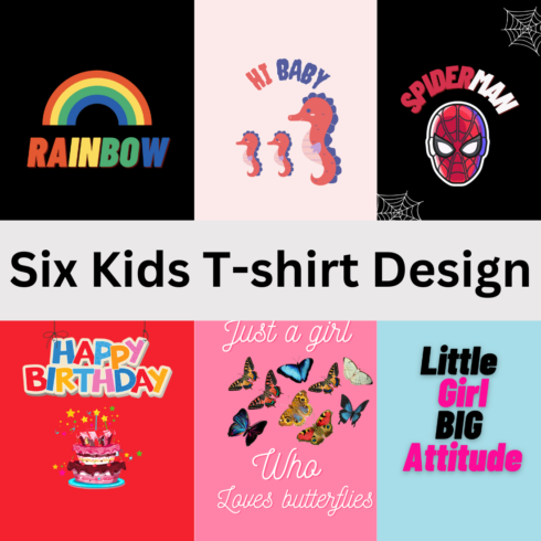 6 Kids t-shirts designs PNG bundle collection cover image.