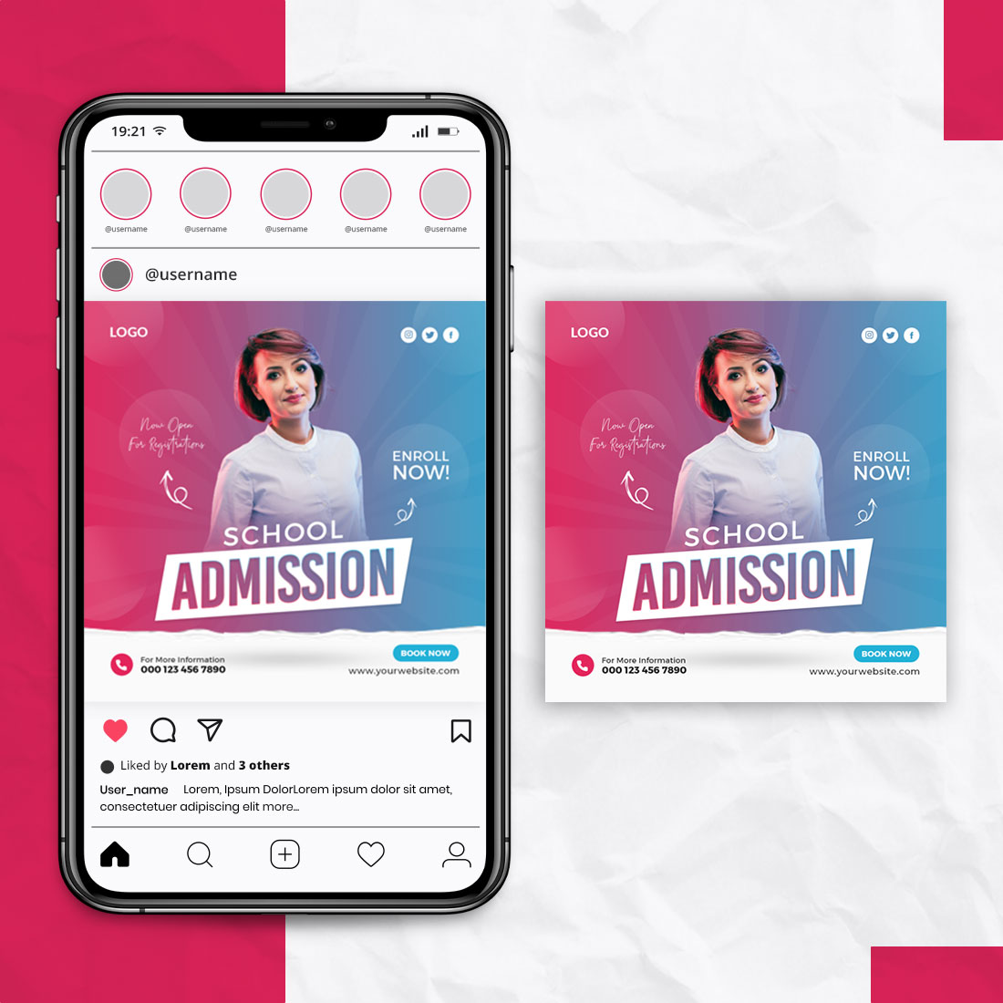 School Education Admission Social Media Post Design Template preview image.