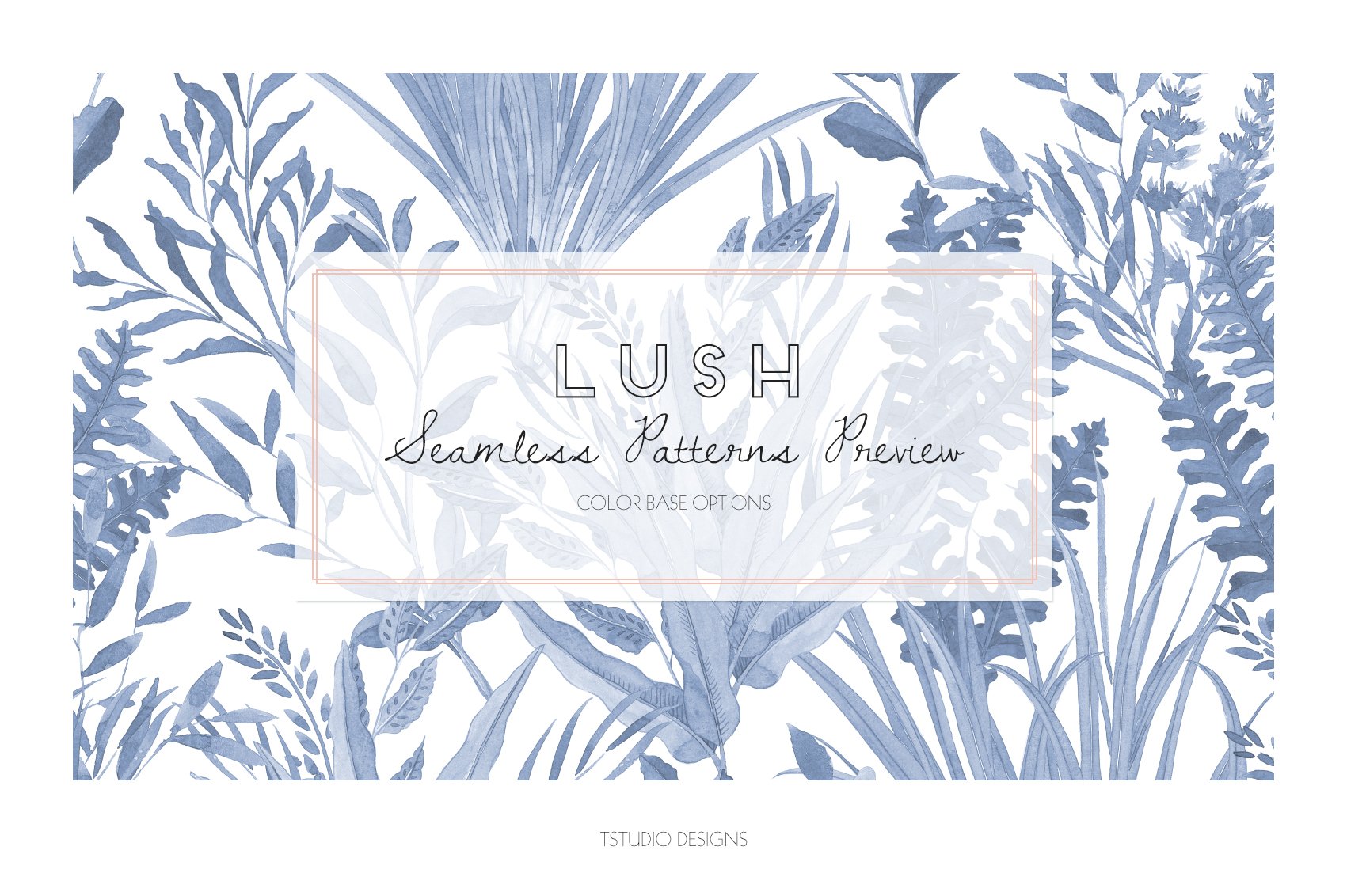 Blue and white floral pattern with the words lush.