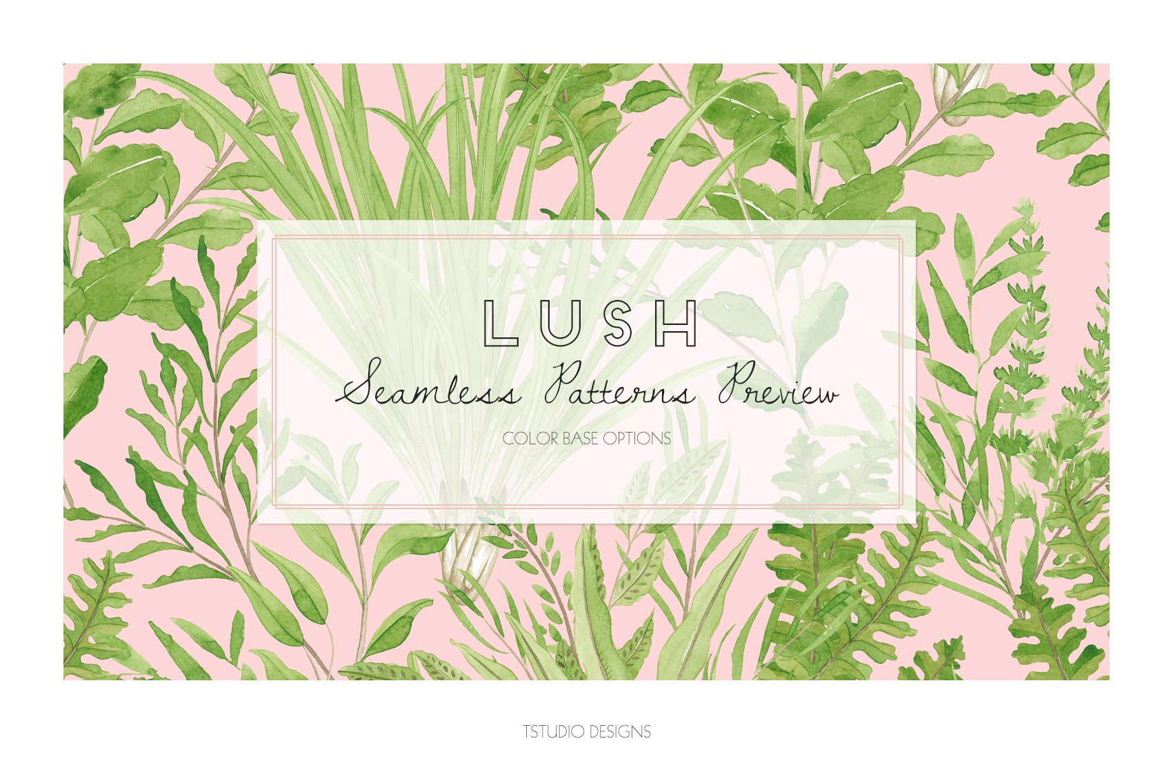 Pink background with green leaves and the words lush.