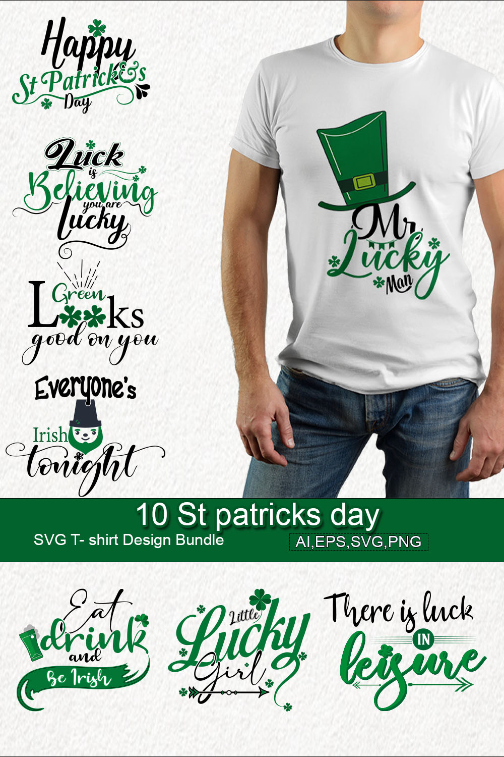 10 st patricks day SVG typography t shirt design bundle pinterest preview image.