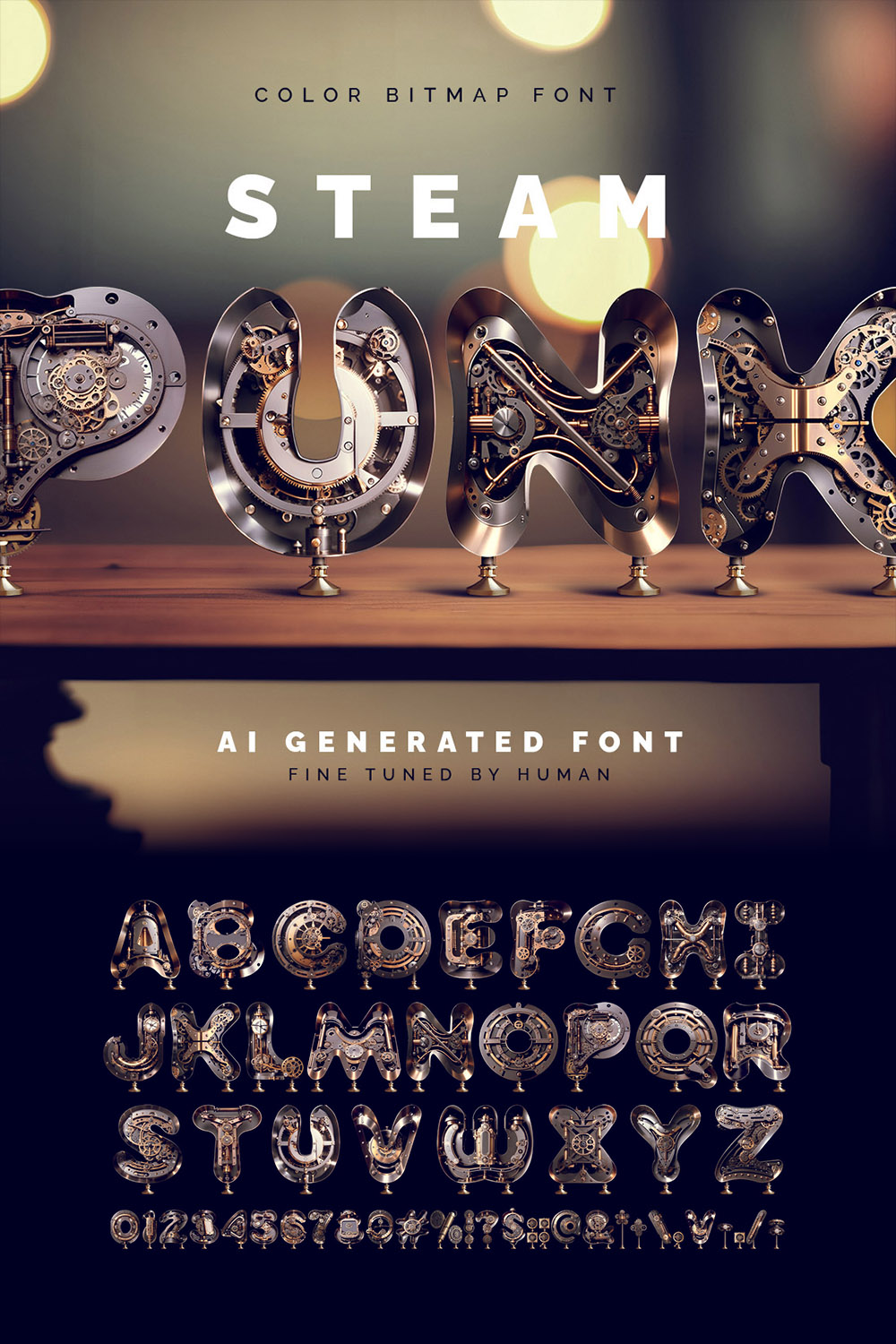 SteampunkAi - Color Bitmap Font pinterest preview image.