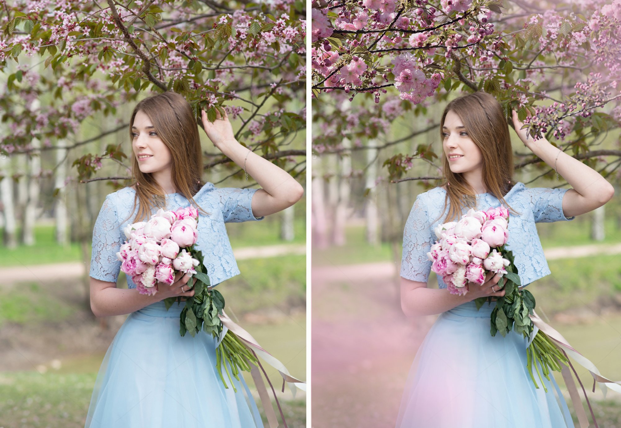 stock photo slavic girl in spring in park sakura blossom background with bouquet of peonies 816
