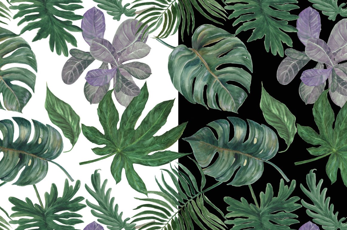 Green and purple leaf pattern on a black and white background.