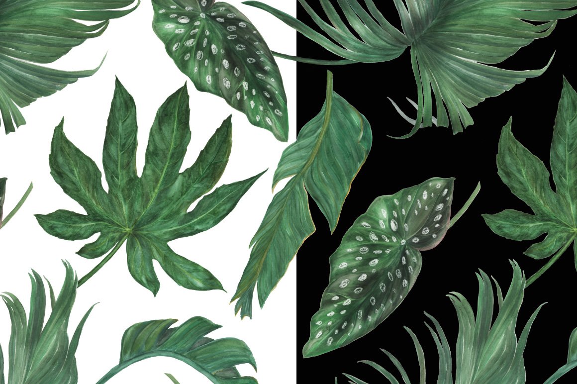 Painting of green leaves on a black and white background.