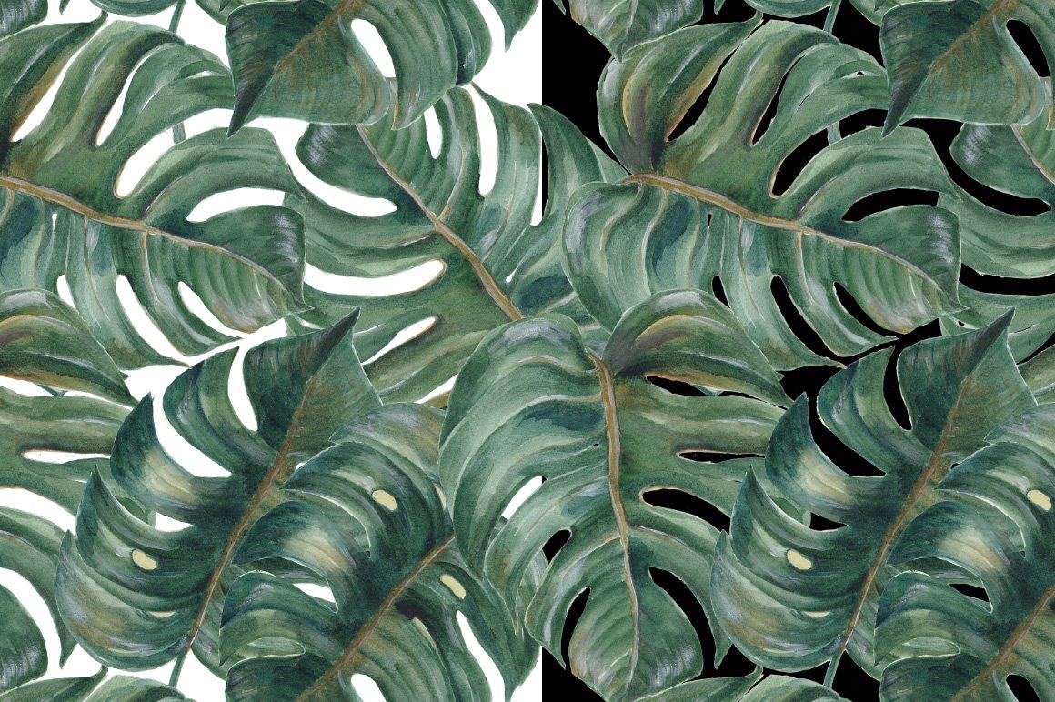 Painting of green leaves on a black and white background.