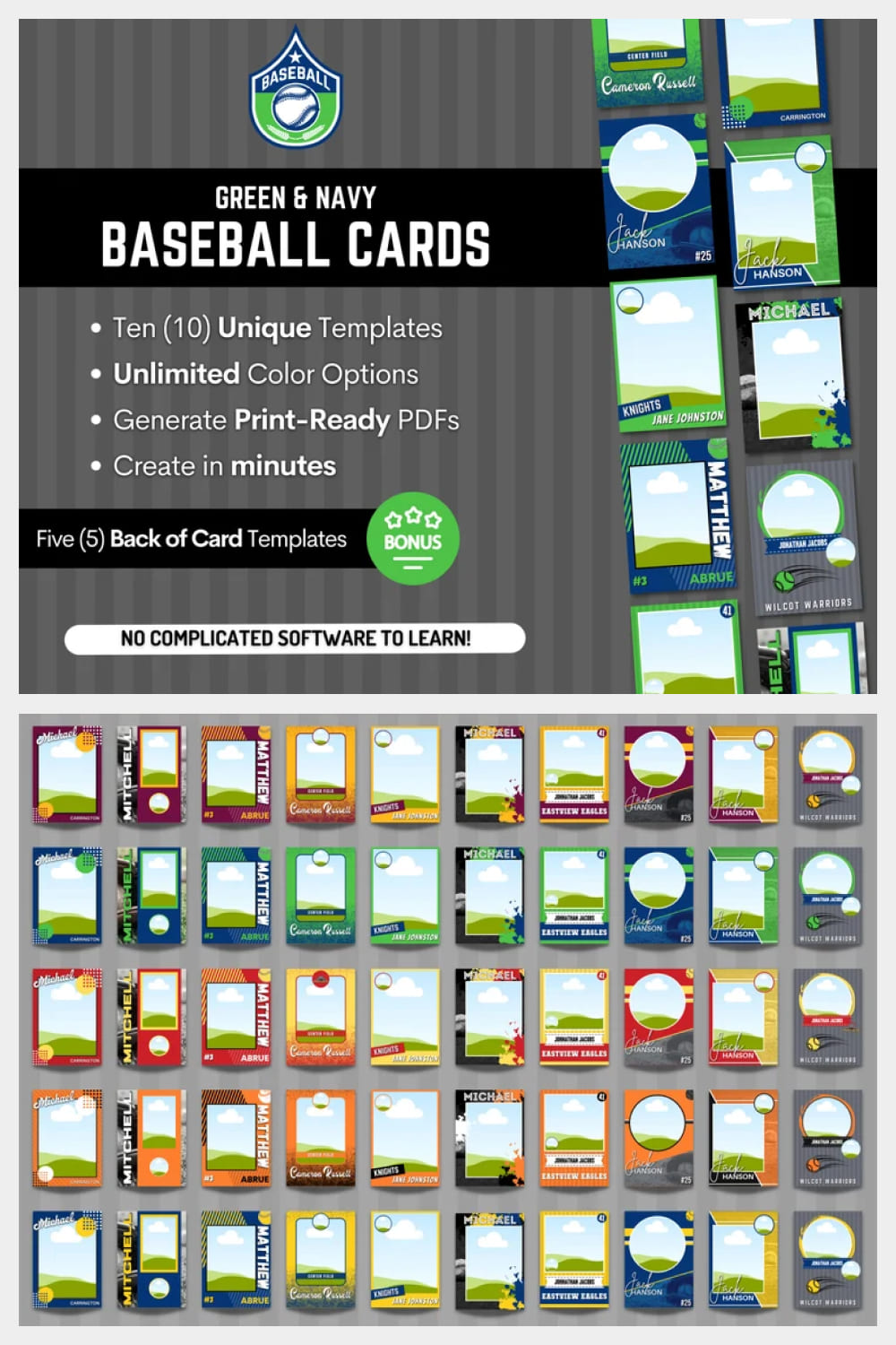 Collage of baseball cards with blue-green background.