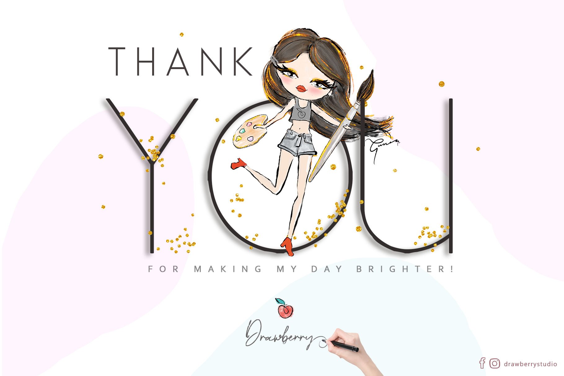 Thank you card with a girl holding a paintbrush.