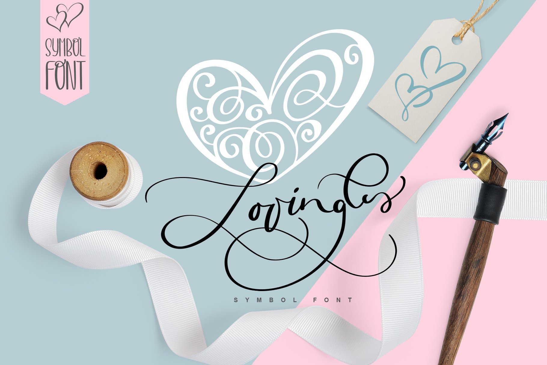 Lovingly Symbol Flourish Hearts Font cover image.