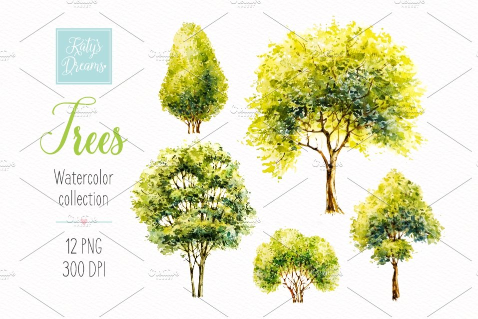 Collection of trees painted in watercolor.