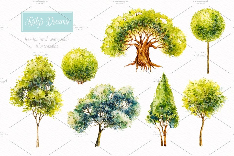 Set of watercolor trees.