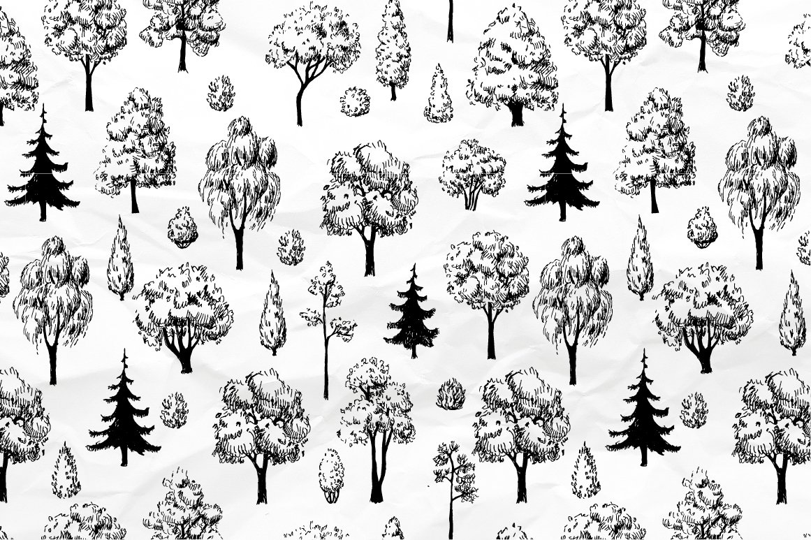 Black and white pattern of trees and bushes.