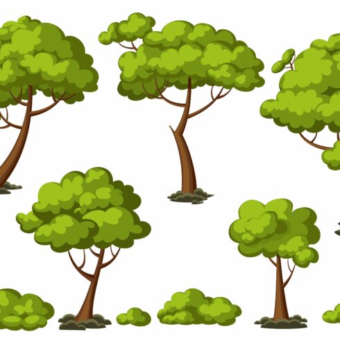 Set of four trees with green leaves.