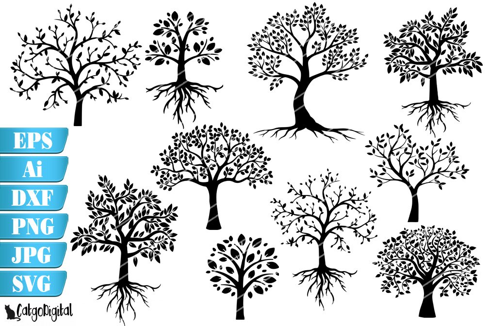 Set of tree silhouettes with roots.