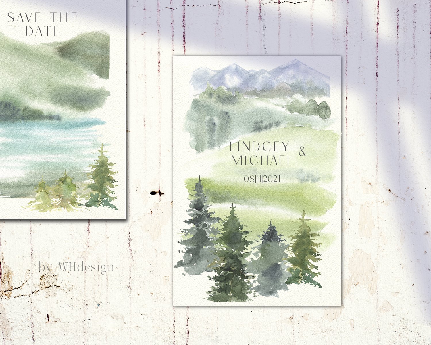 Two watercolor paintings of mountains and trees.