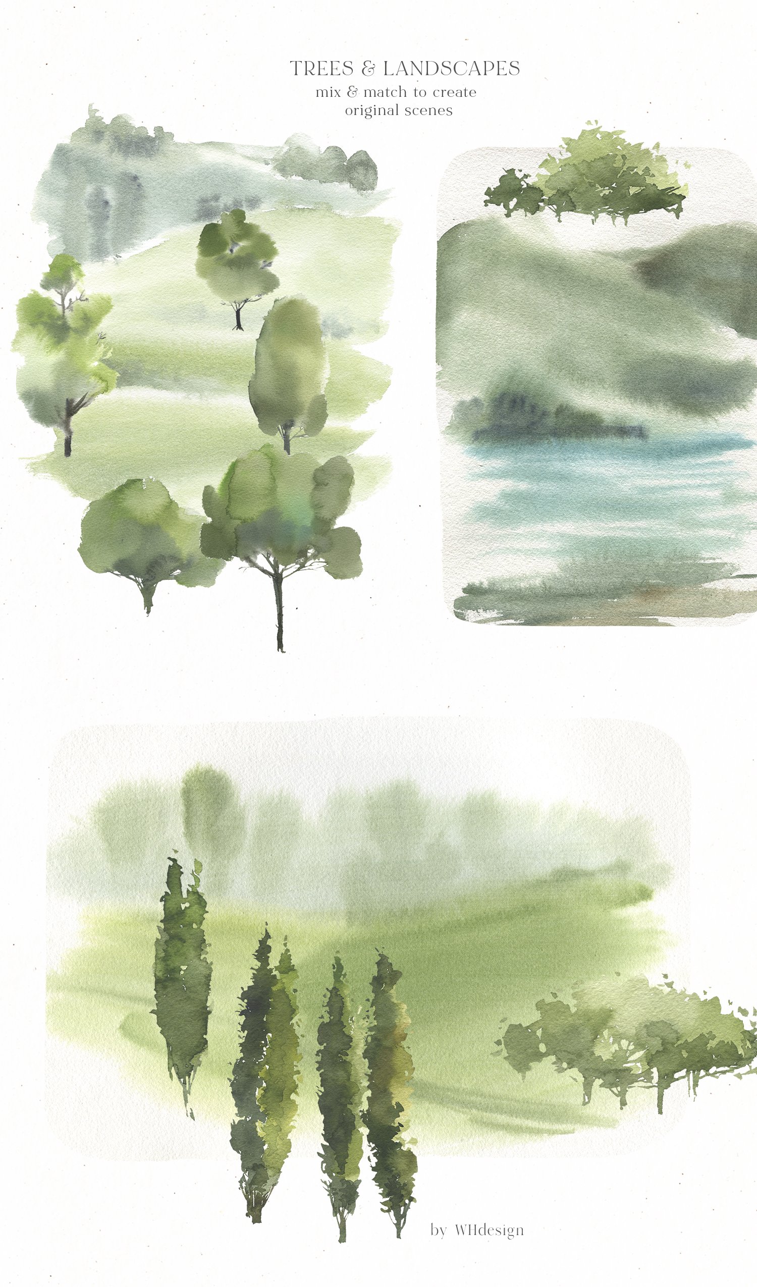 Watercolor painting of trees and landscapes.
