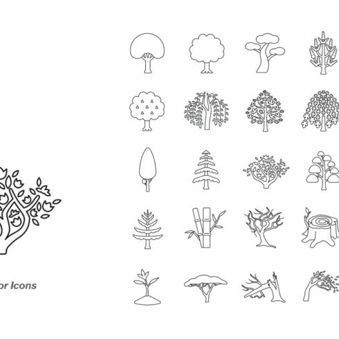 Set of 25 tree icons on a white background.