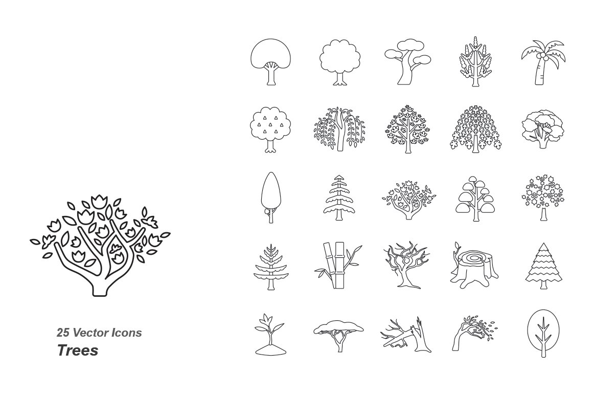 Set of 25 tree icons on a white background.