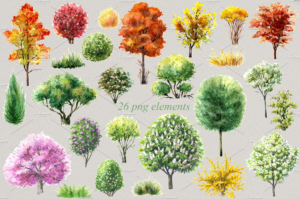 Bunch of trees that are painted in watercolor.