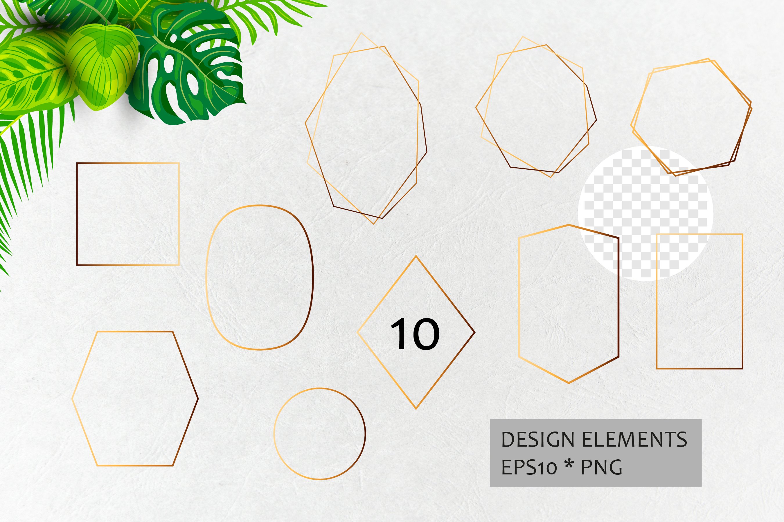 Set of golden geometric shapes and plants on a white background.