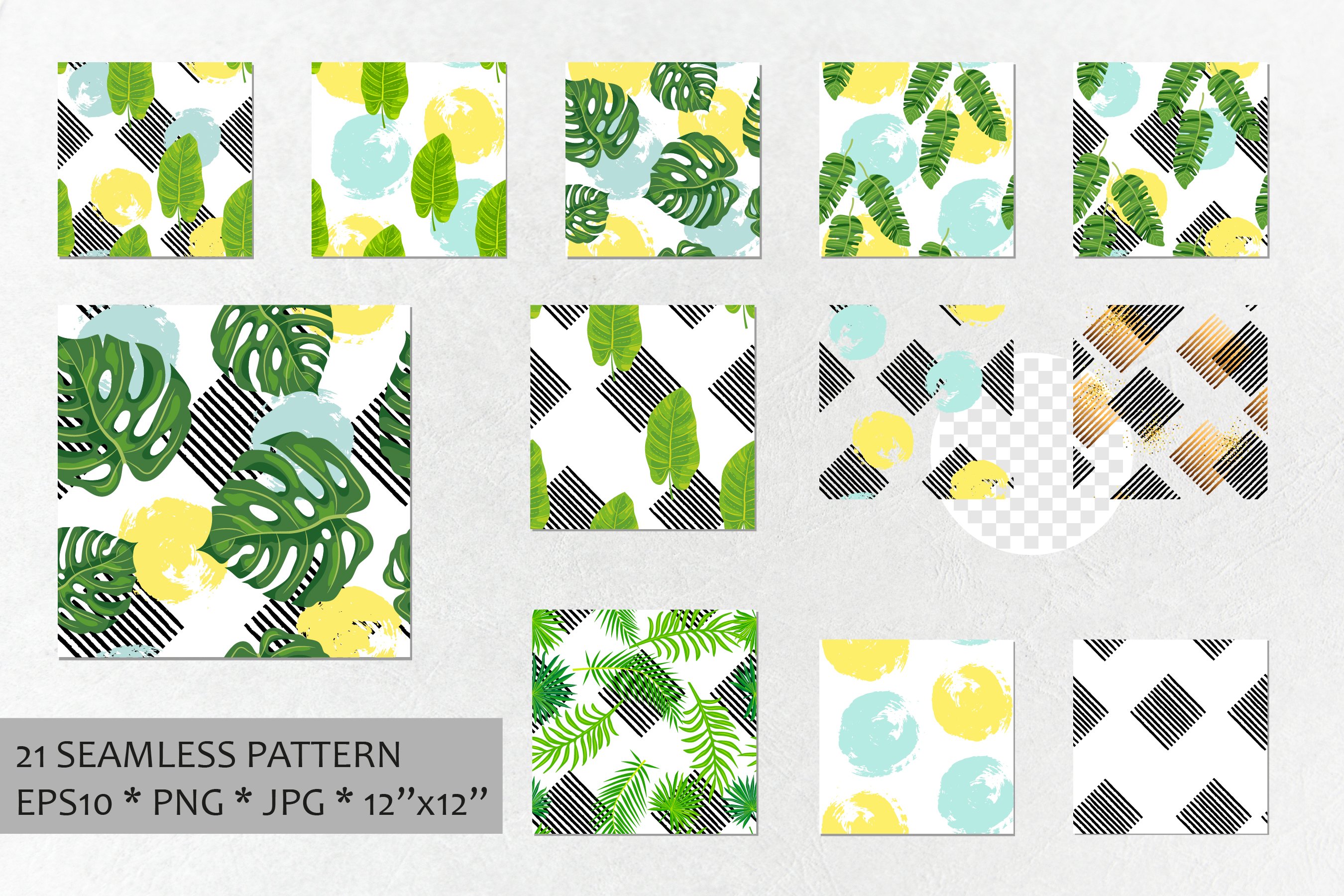 Set of 12 seamless patterns with tropical leaves.