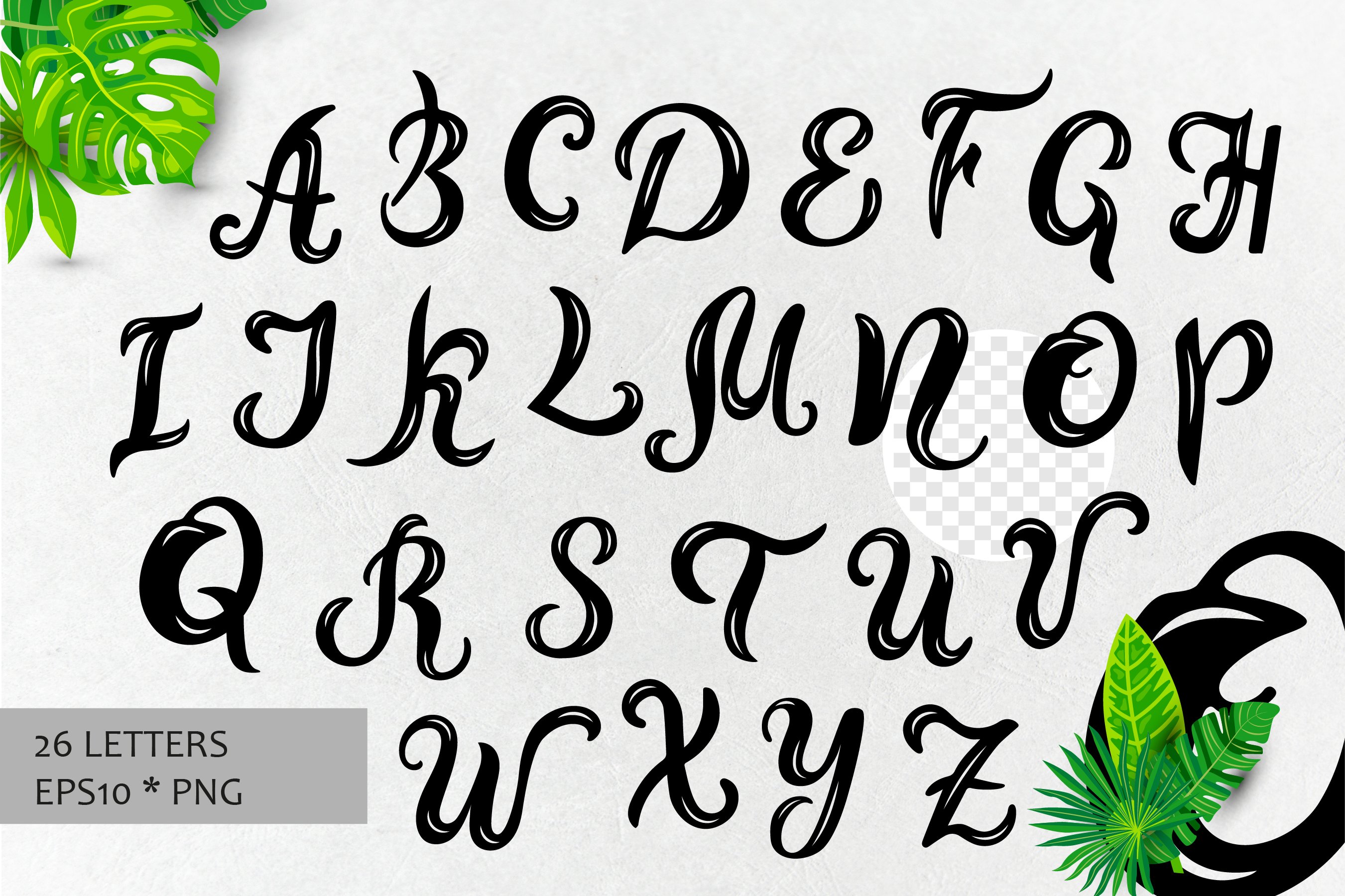 Set of letters and numbers with tropical leaves.