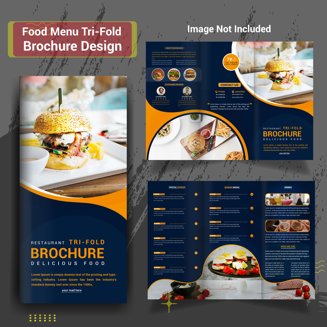 Tri-Fold Restaurant Food Brochure Template Design preview image.