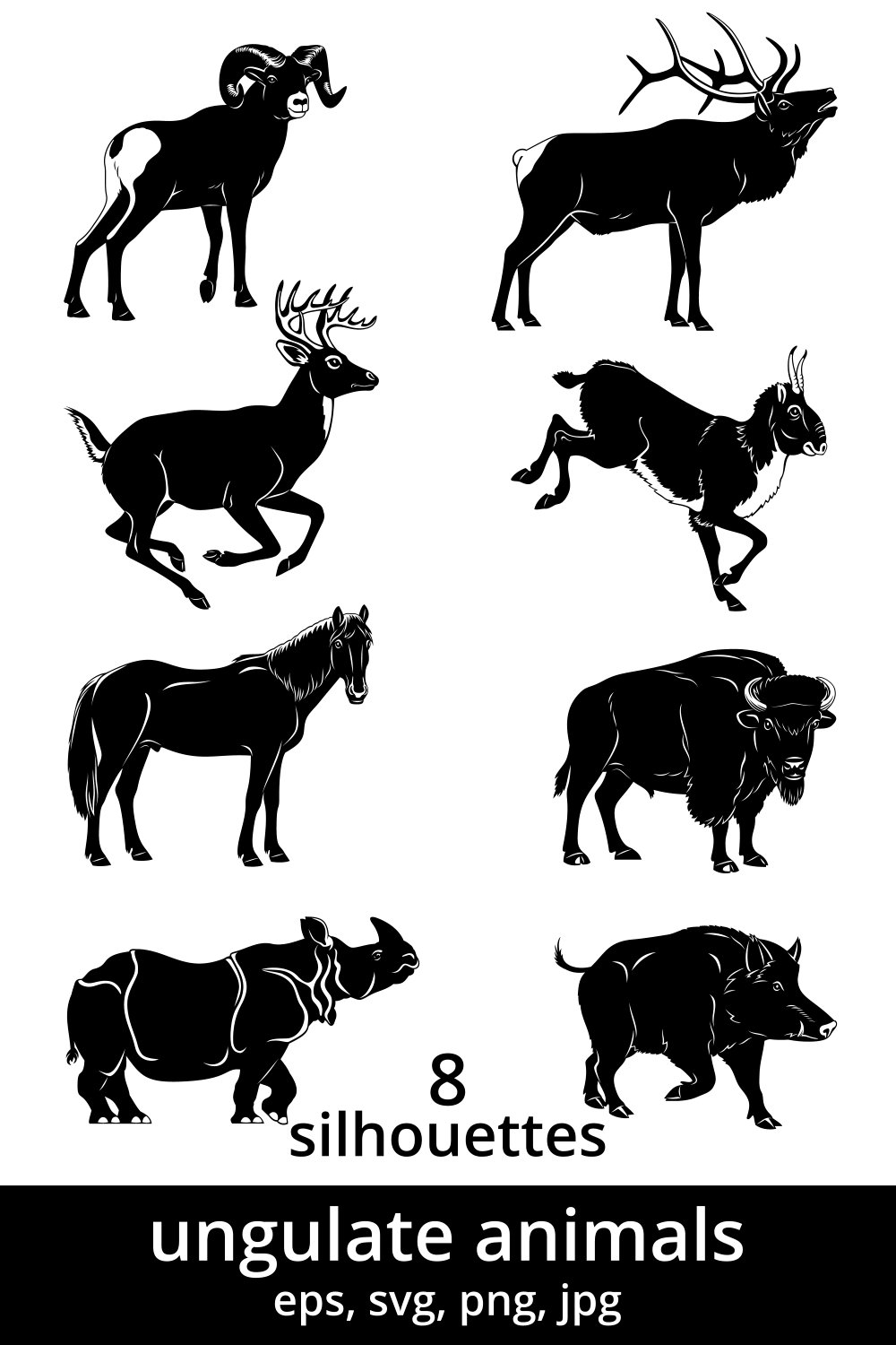 Ungulate Animals Silhouettes Set pinterest preview image.