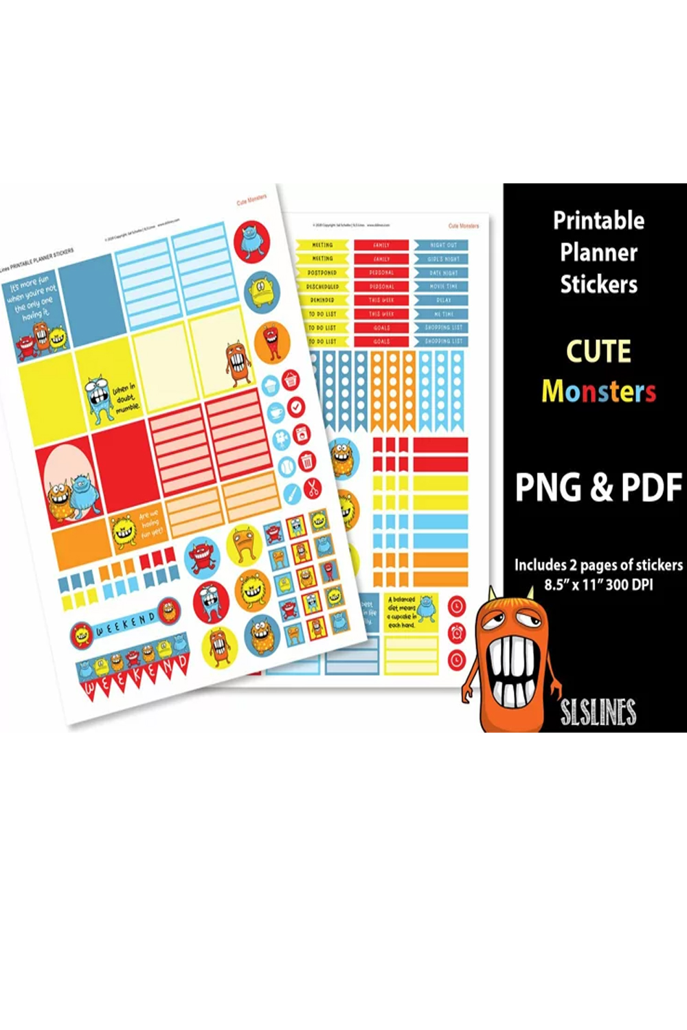 Printable Planner Stickers - Cute Monsters pinterest preview image.