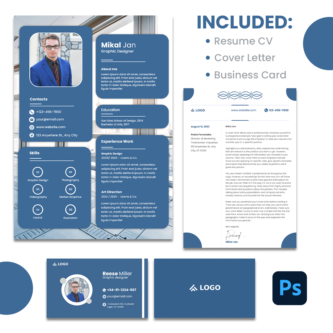 Blue and white resume template with a photo of a man.