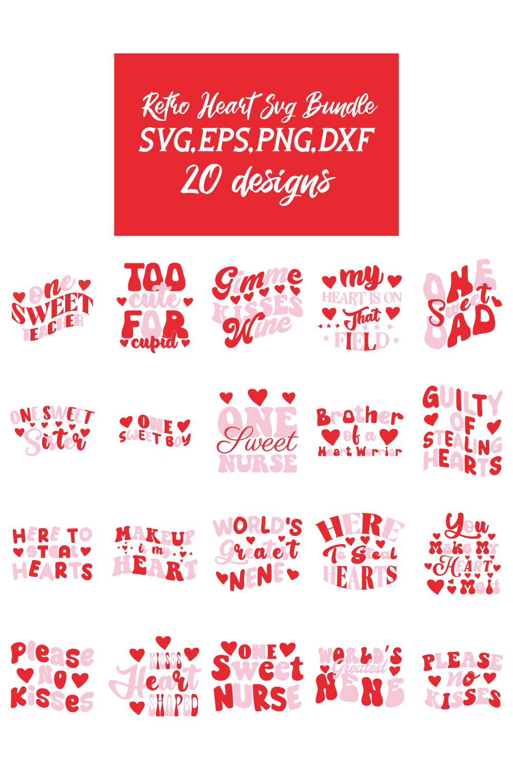 20 Retro heart SVG bundle pinterest preview image.