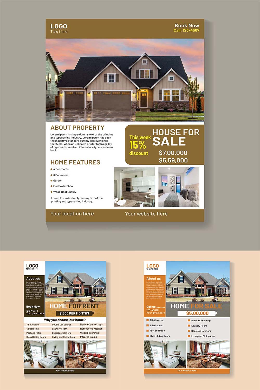 3 Professional real estate business flyer design template pinterest preview image.