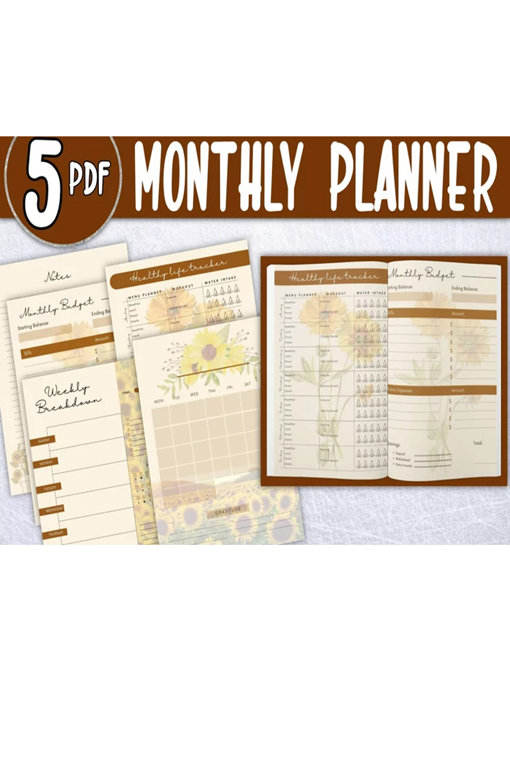 Sunflower printable Planner| Monthly planner 85X11PDF pinterest preview image.