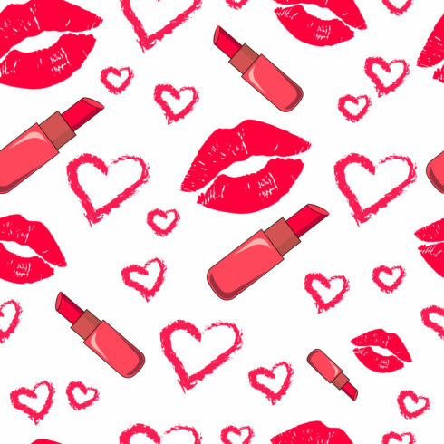 Seamless pattern with lipstick, lips and hearts cover image.