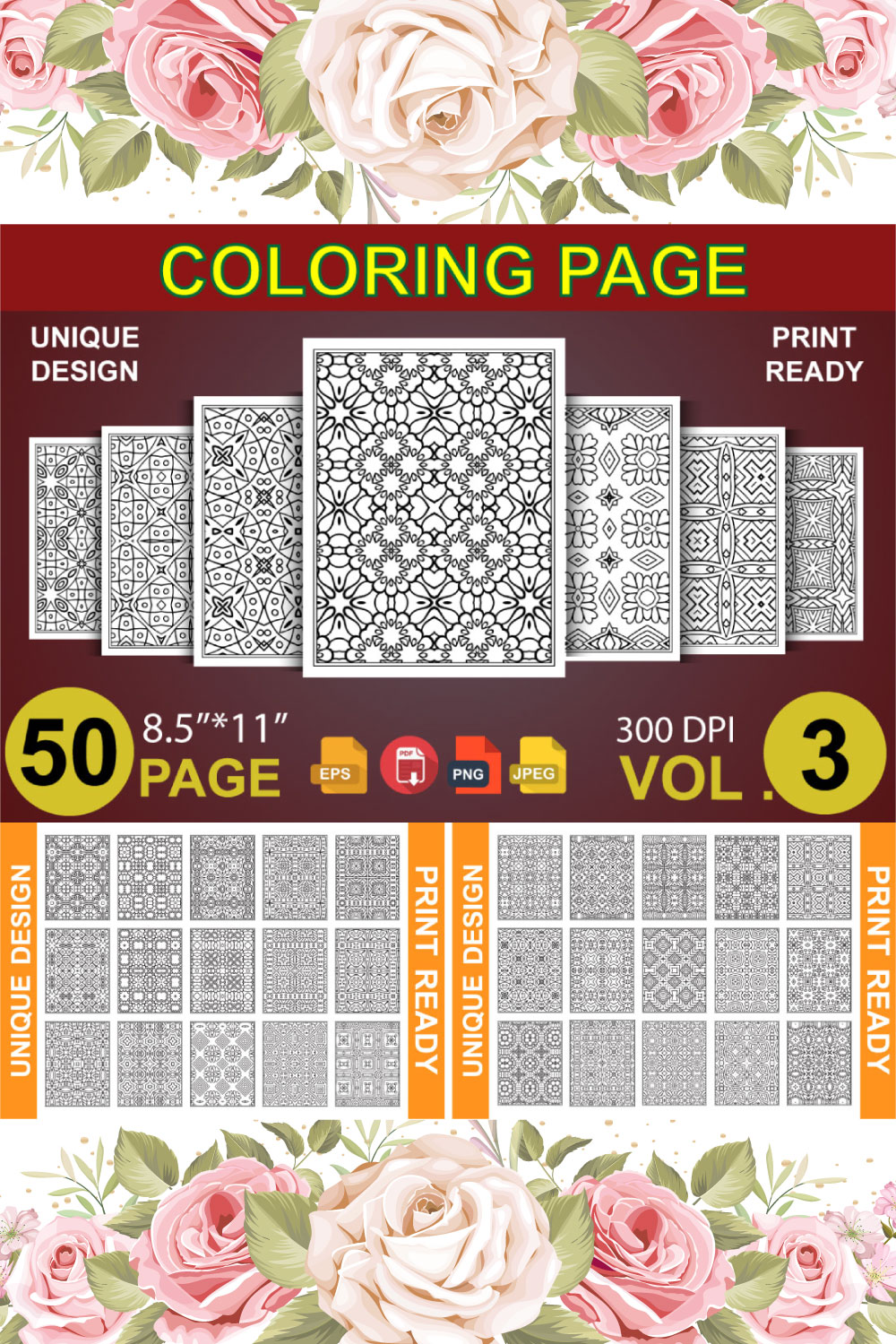 50 Adult Coloring Book Page KDP pinterest preview image.