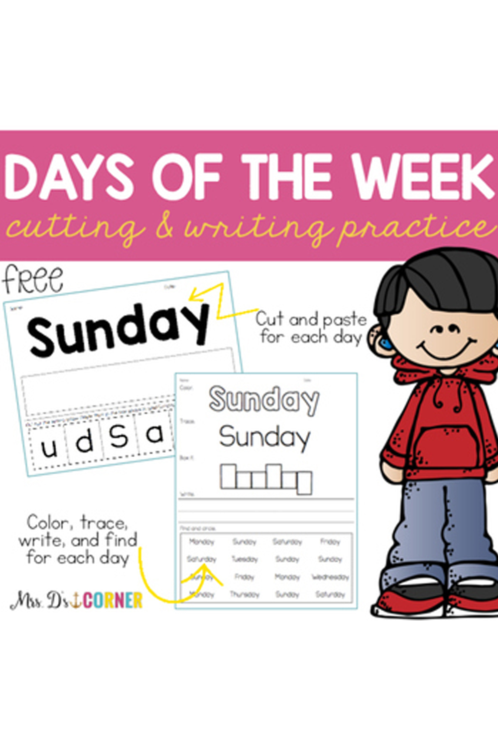 Fine Motor Days of the Week Cut and Paste and Writing Activities pinterest preview image.
