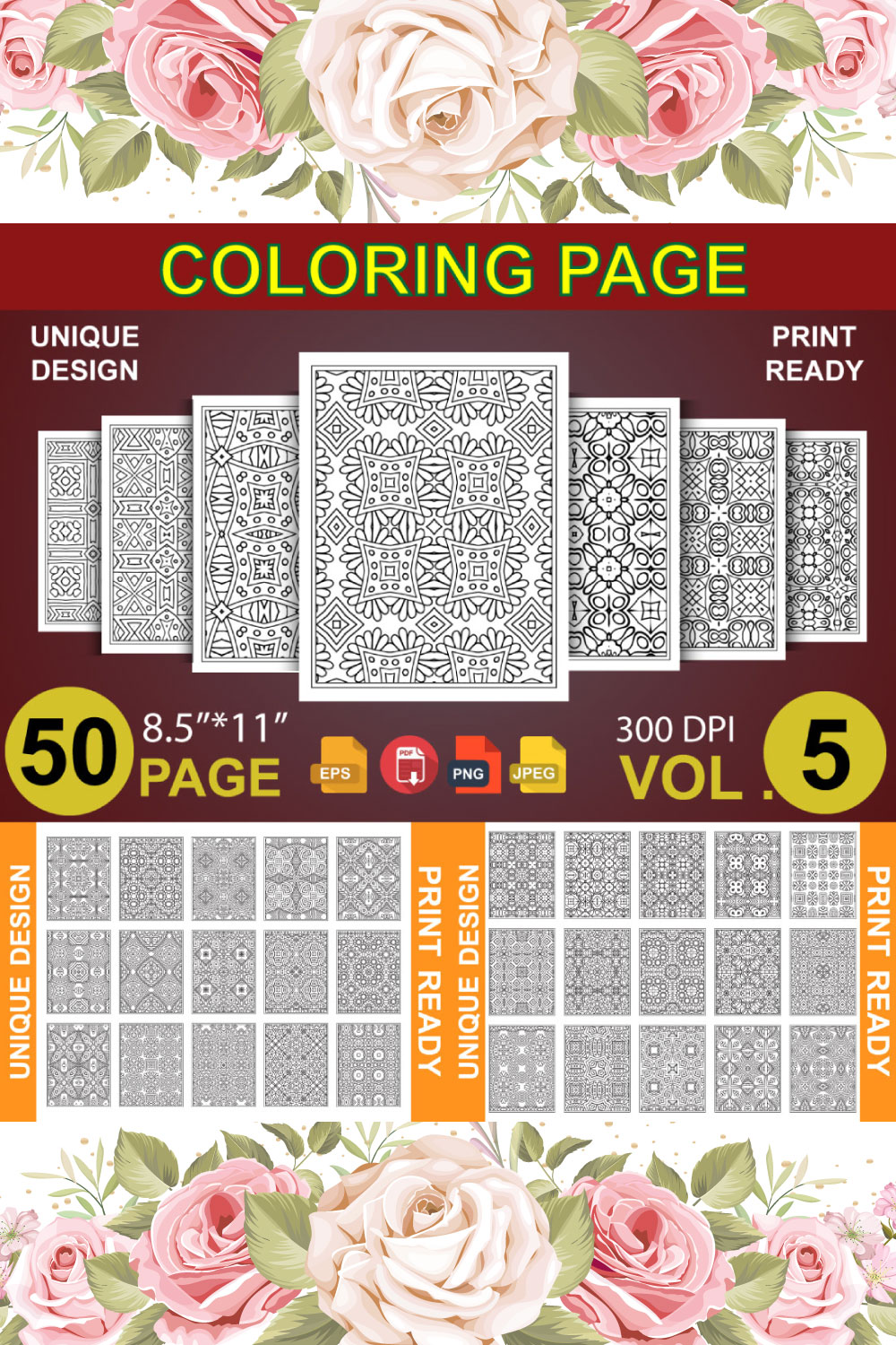 50 Adult Coloring Book Page KDP pinterest preview image.